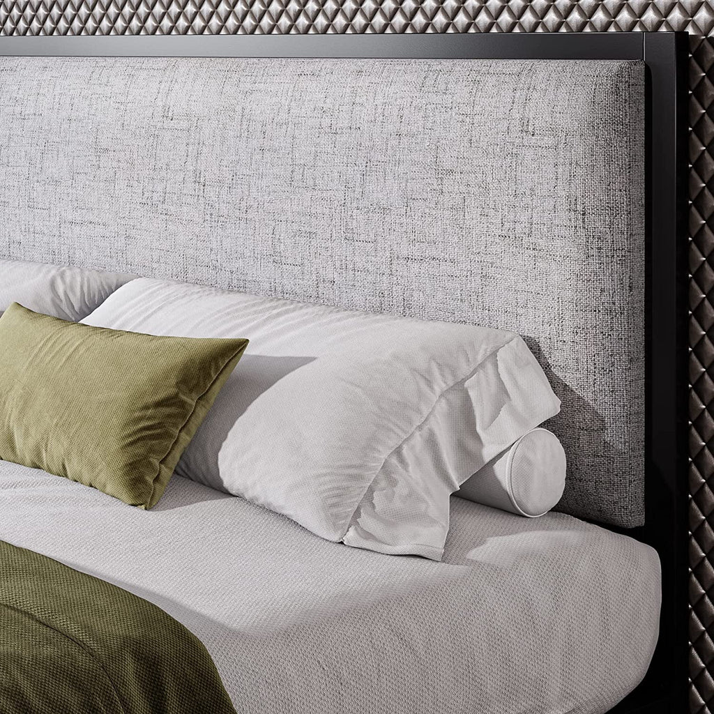 Queen Size Grey Metal Platform Bed Frame with Upholstered Headboard J8935