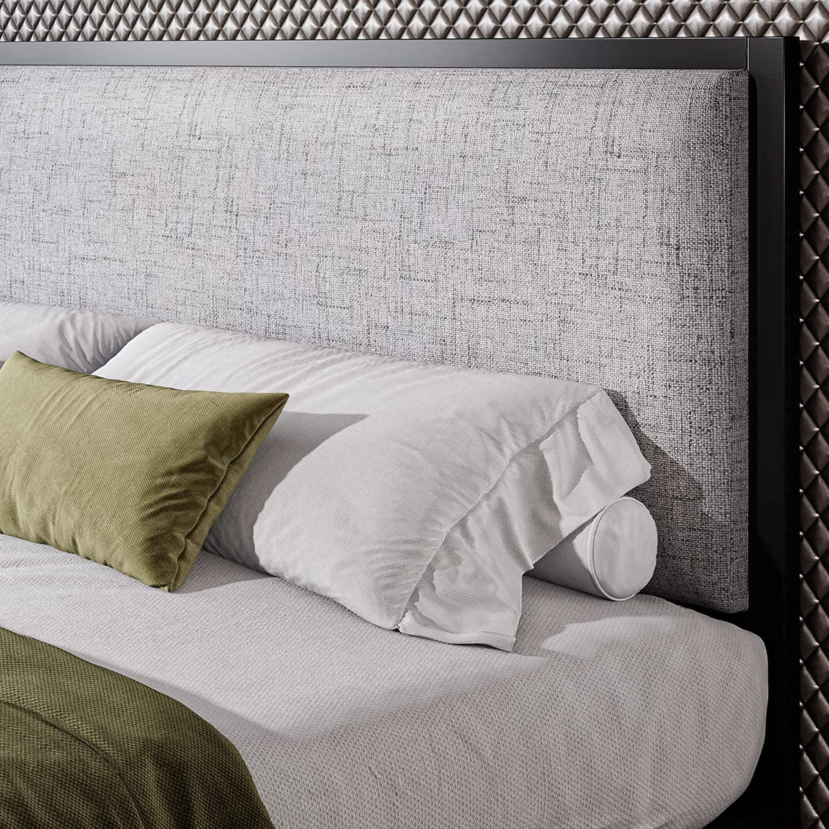 Queen Size Grey Metal Platform Bed Frame with Upholstered Headboard J8935