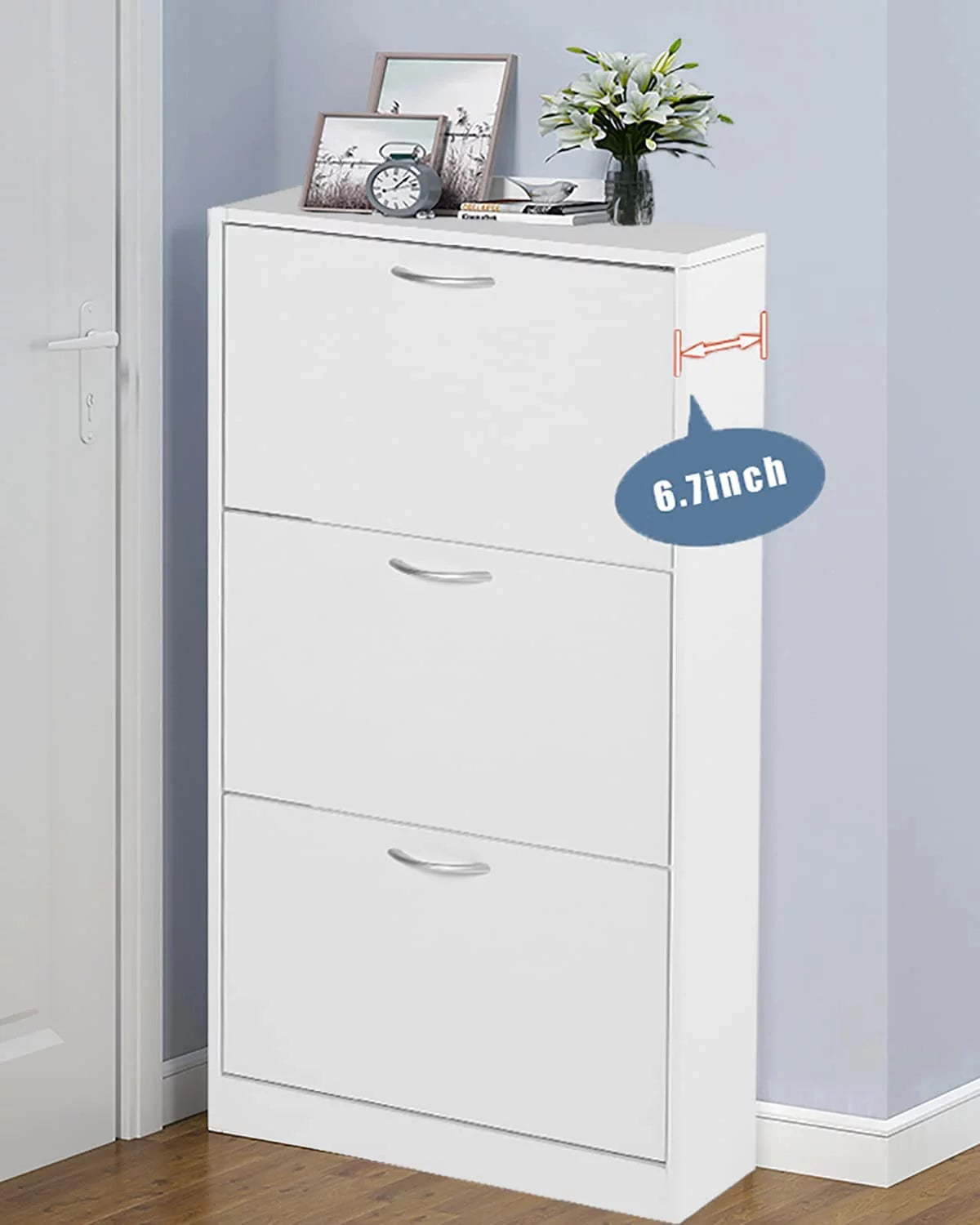 White Narrow 3 Tier Wood Shoe Cabinet H817