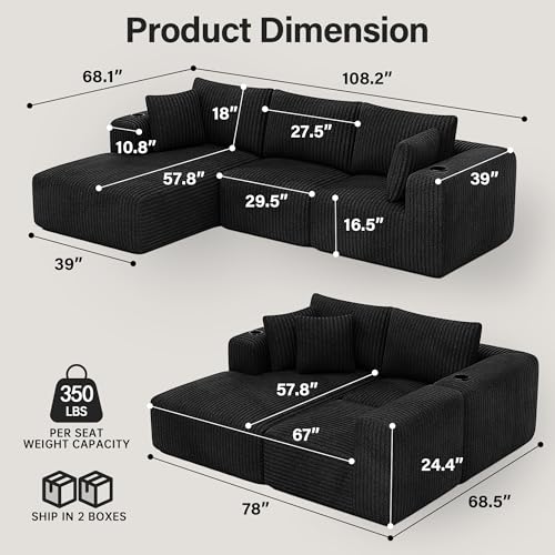 Modular Sectional Sofa with Deep Seat, Cup Holder, Memory Foam, Corduroy X109941