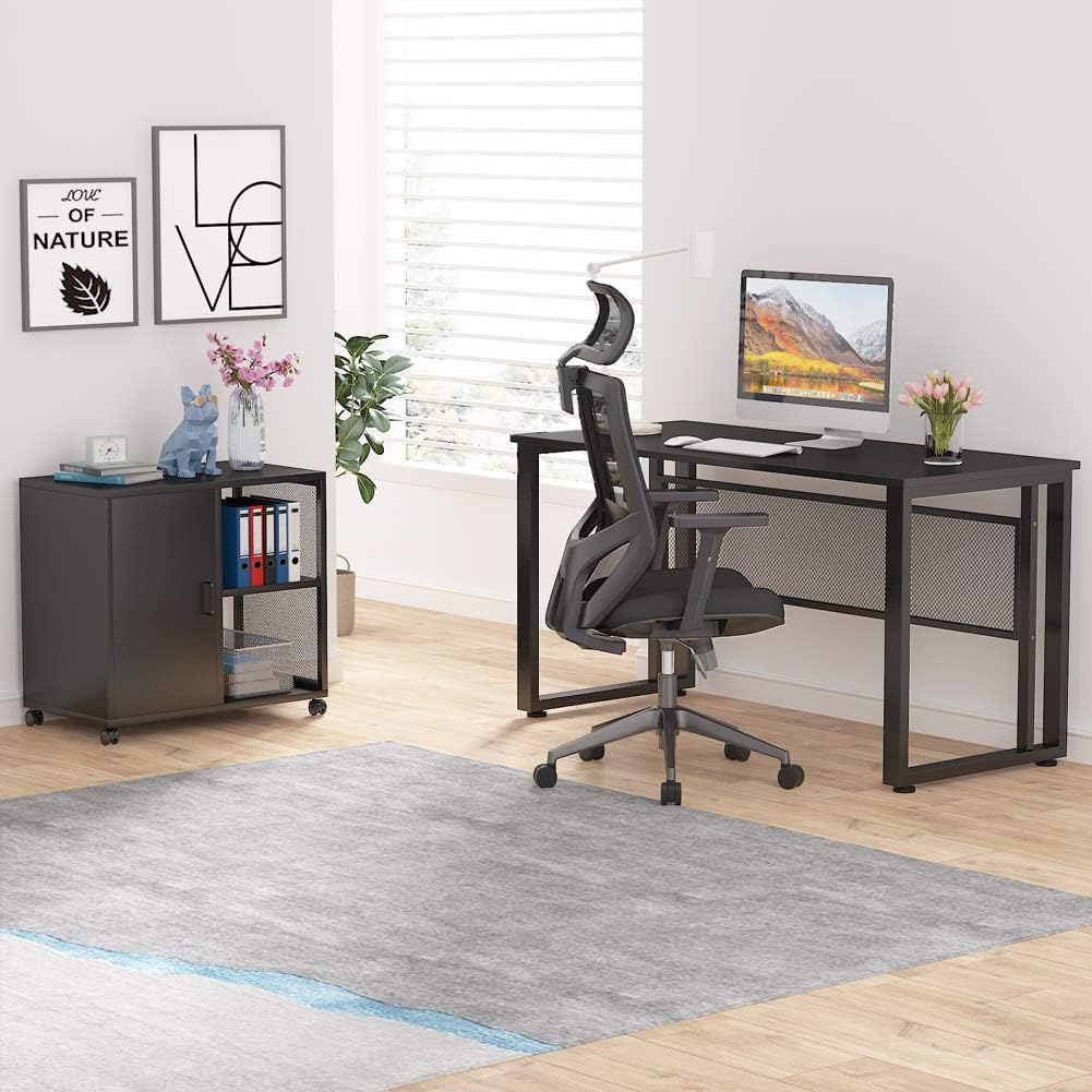 Black 55 inch L-Shaped Computer Desk with File Cabinet D308