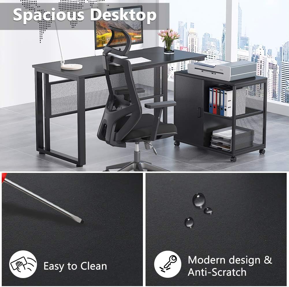 Black 55 inch L-Shaped Computer Desk with File Cabinet D308