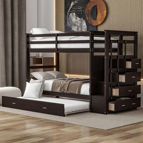 Full Over Full Wood Bunk Bed with Twin Trundle and Stairs, Espresso S97277