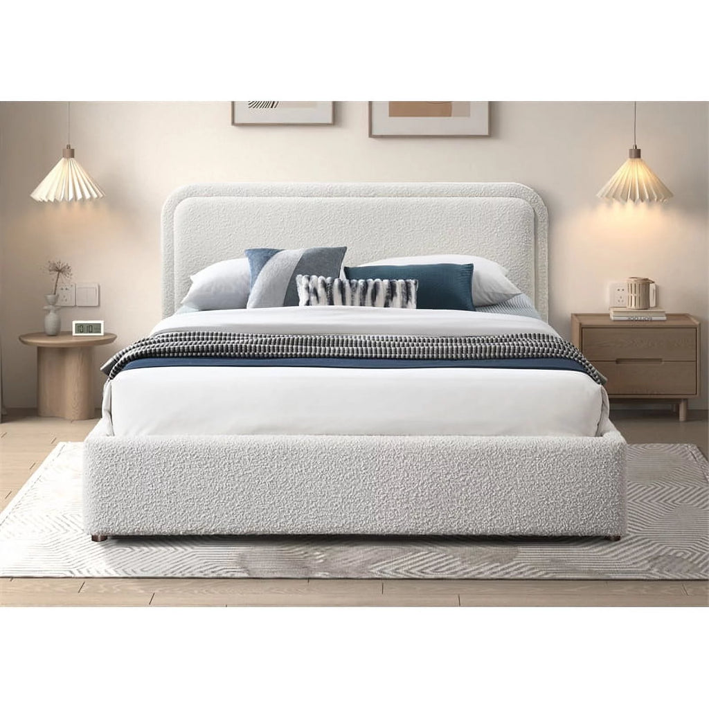 Queen Upholstered Platform Bed in White Boucle Fabric O45037