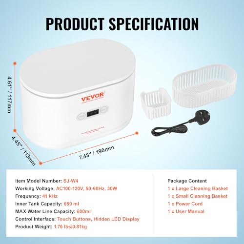 22oz Ultrasonic Jewelry Cleaner with 5 Digital Timer and 2 Cleaning Baskets O1102