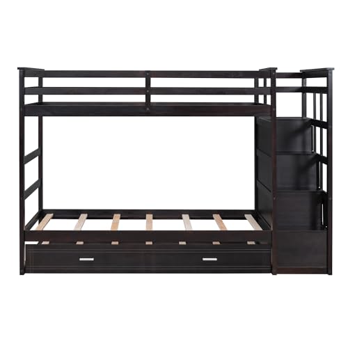 Full Over Full Wood Bunk Bed with Twin Trundle and Stairs, Espresso S97277