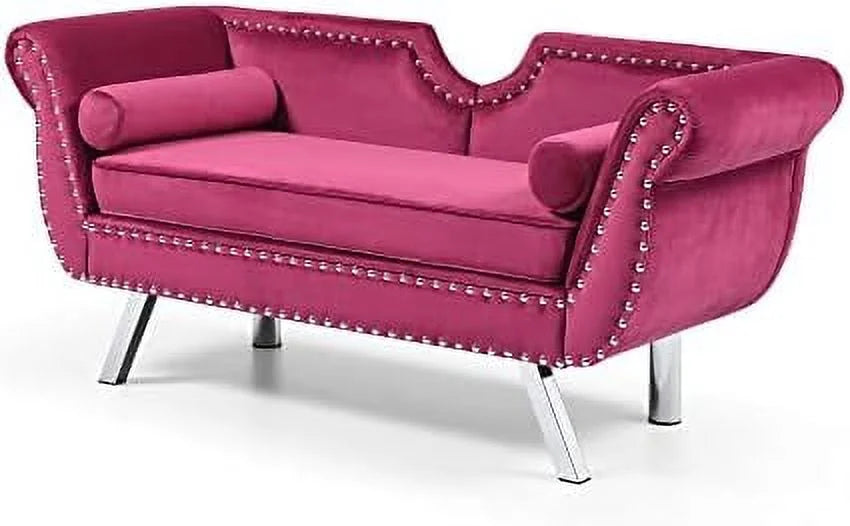 Velvet Ottoman Bench with Back and Silver Metal Legs H8066