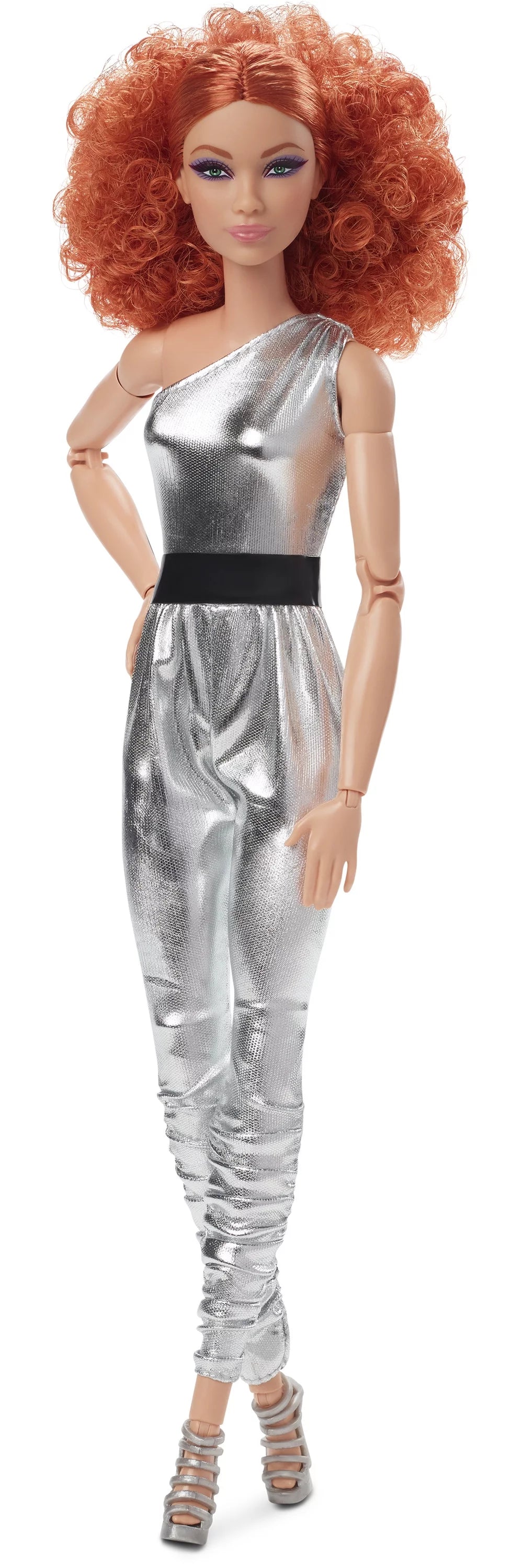 Posable Fashion Doll with Curly Red Hair & Metallic Jumpsuit F629251