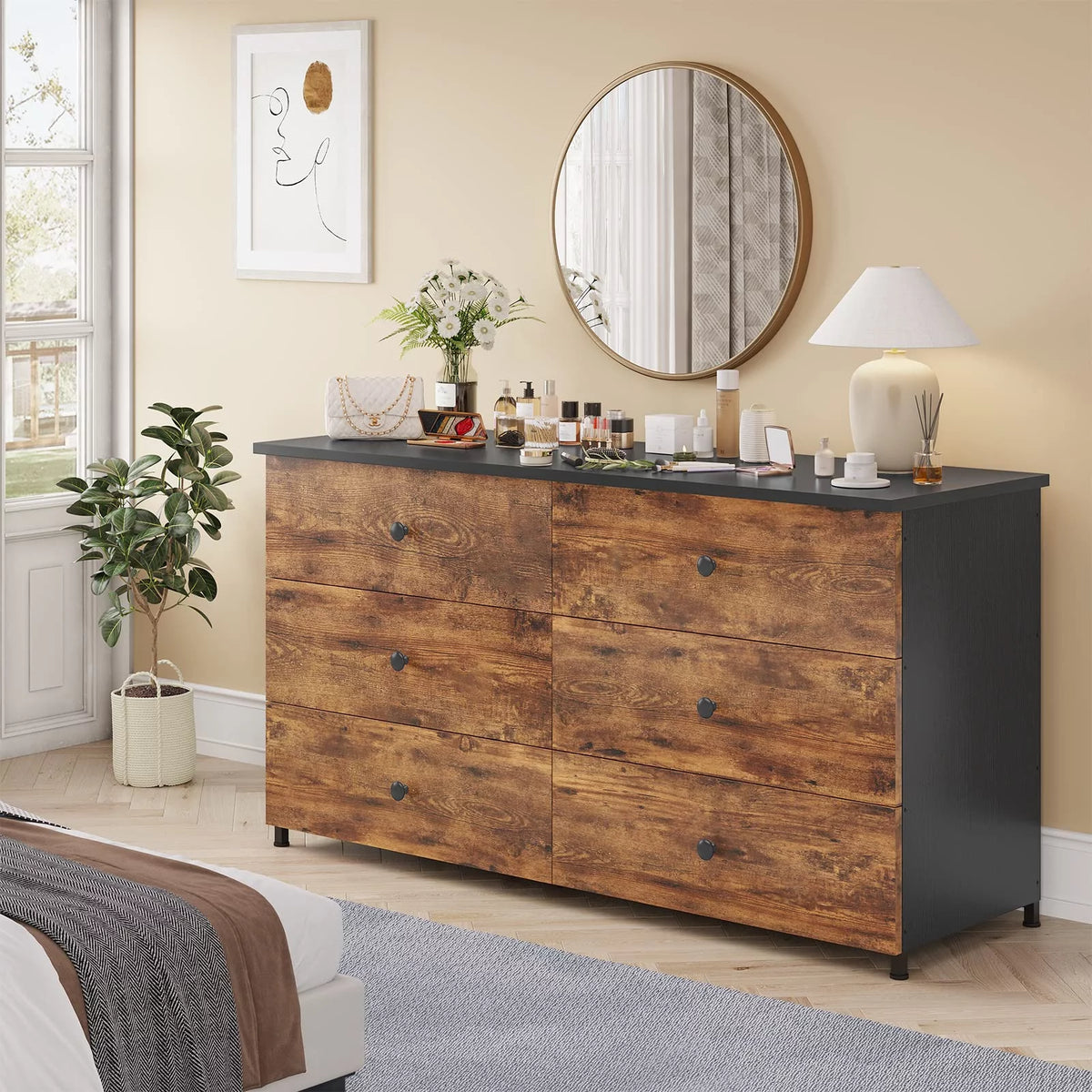 Brown 6 Drawer Wooden Dresser with Steel Frame Z4528