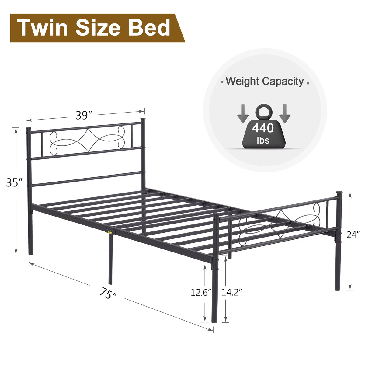 Twin Size Black Metal Platform Bed Frame with Headboard X44191