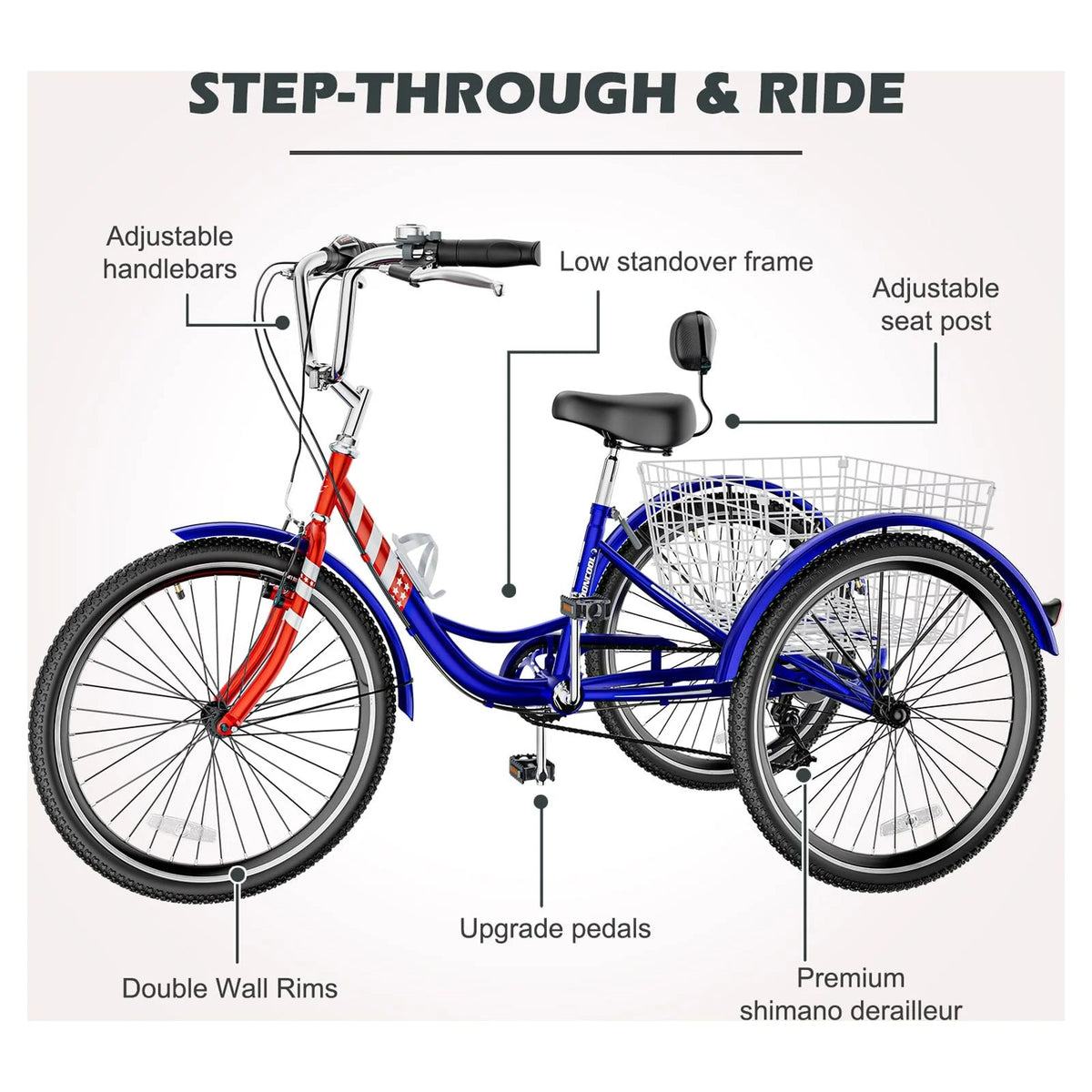 Adult Tricycles 3 Wheel 7 Speed 20 inch with Big Basket Y528