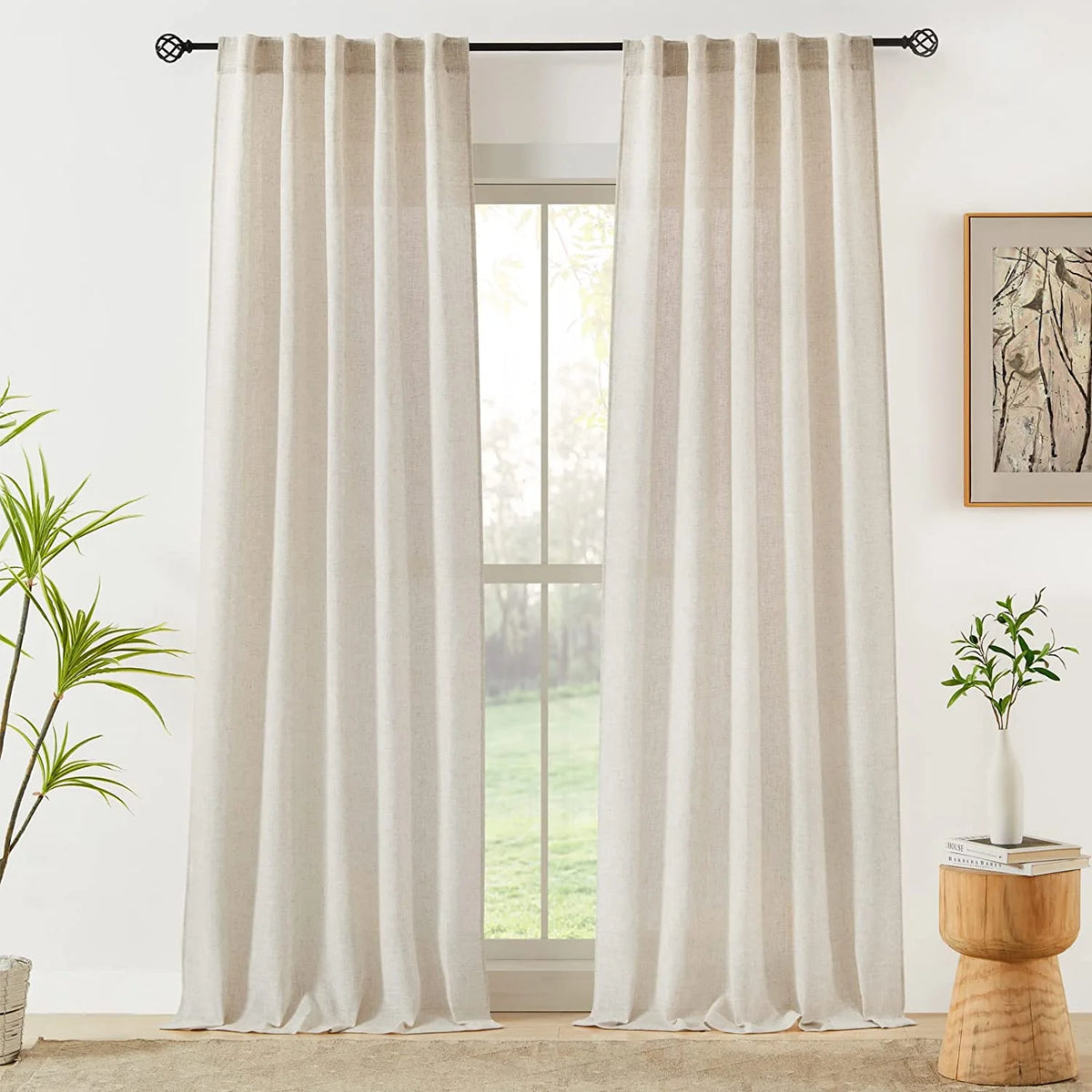 Beige Semi Sheer Linen Curtains 2 Panels 40''x84'' Y9065