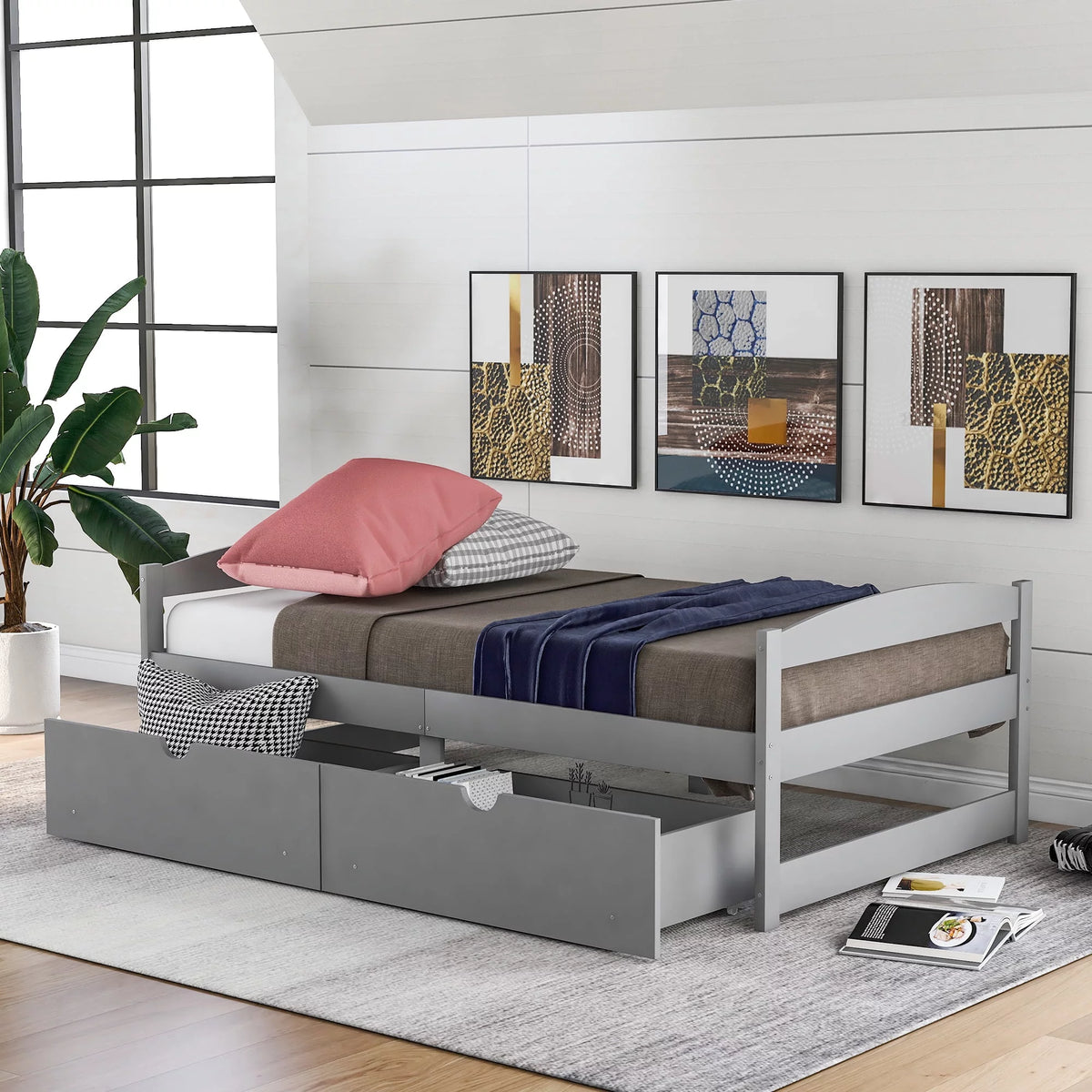 Twin Size Platform Bed with Two Drawers Gray S538372
