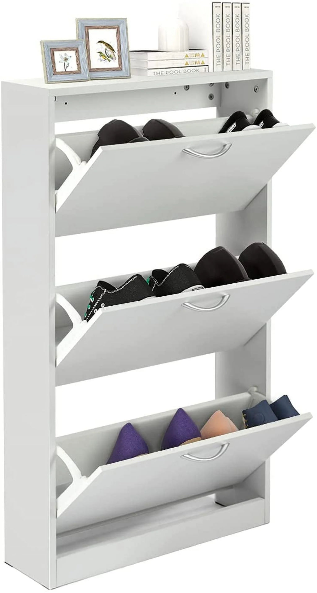 White Narrow 3 Tier Wood Shoe Cabinet H817