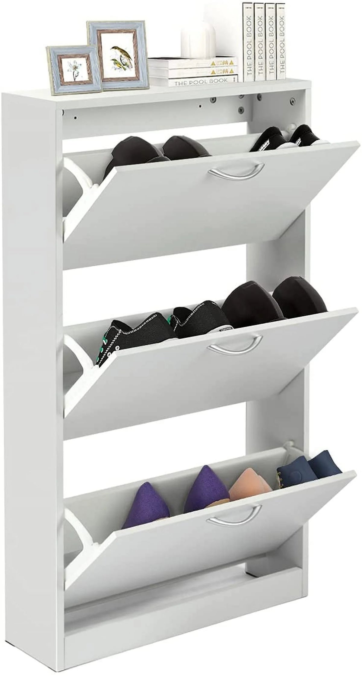 White Narrow 3 Tier Wood Shoe Cabinet H817