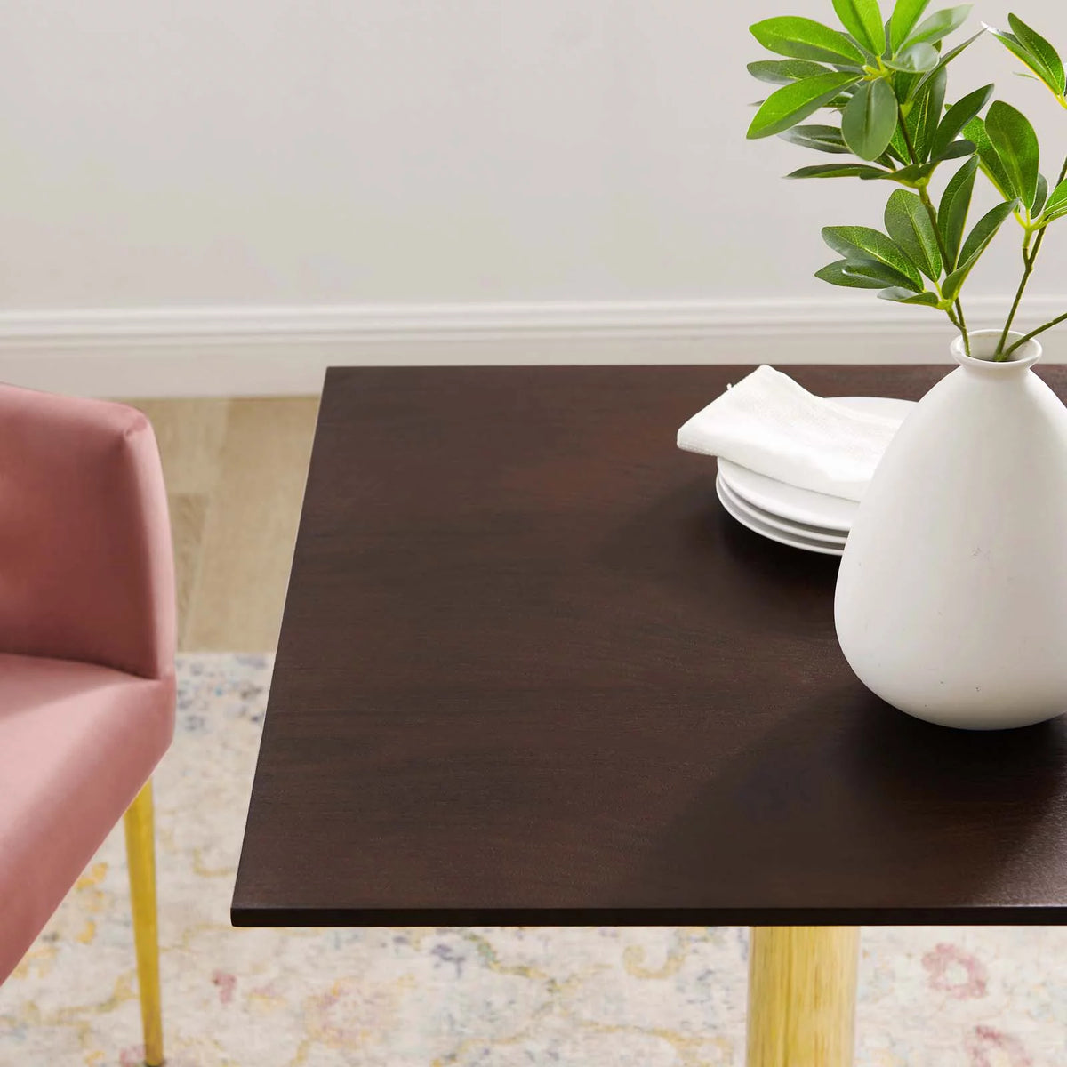 28 inch Square Gold Walnut Wood Metal Dining Table F112