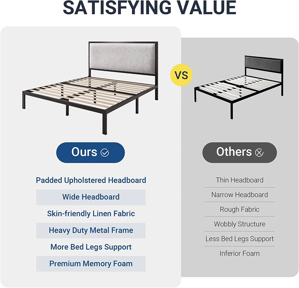 Queen Size Grey Metal Platform Bed Frame with Upholstered Headboard J8935