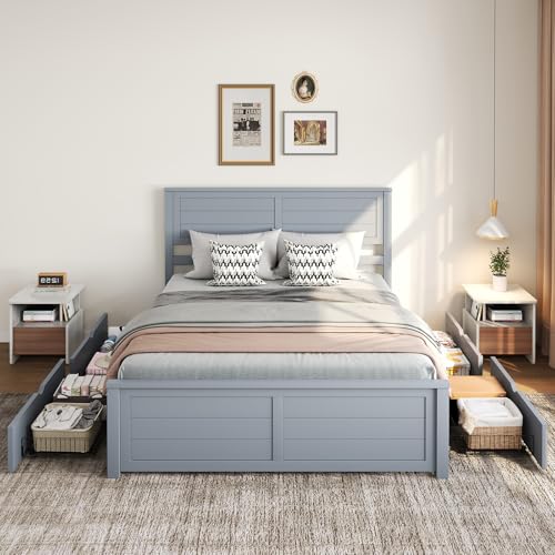 Full Size Wood Bed Frame with Headboard and 4 Storage Drawers Y172243