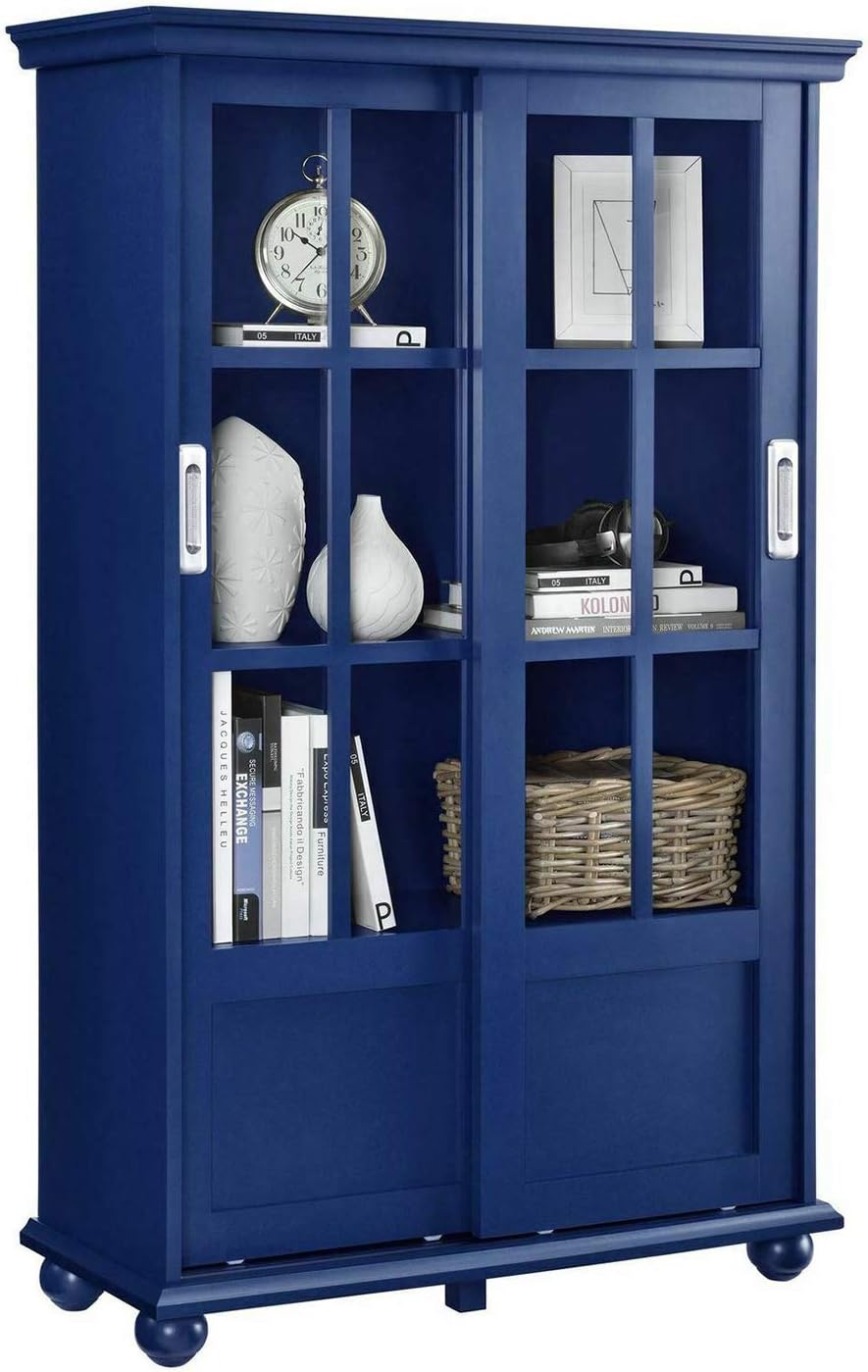 Navy Blue 4 Shelves Wooden Bookcase with Glass Door W98473