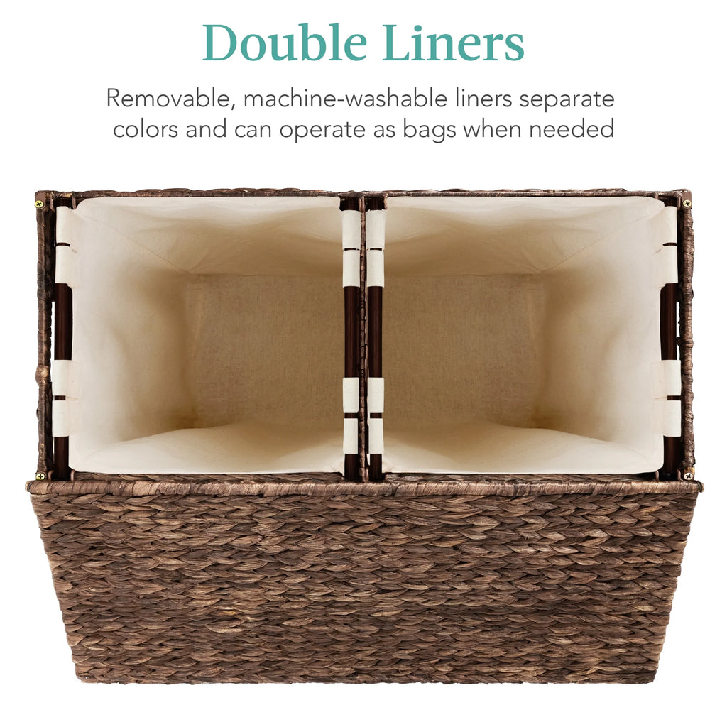 Large Natural Water Hyacinth Double Laundry Hamper Basket with 2 Liner Bags O227047