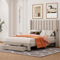 Beige Full Size Wood Platform Bed with Drawer K10017