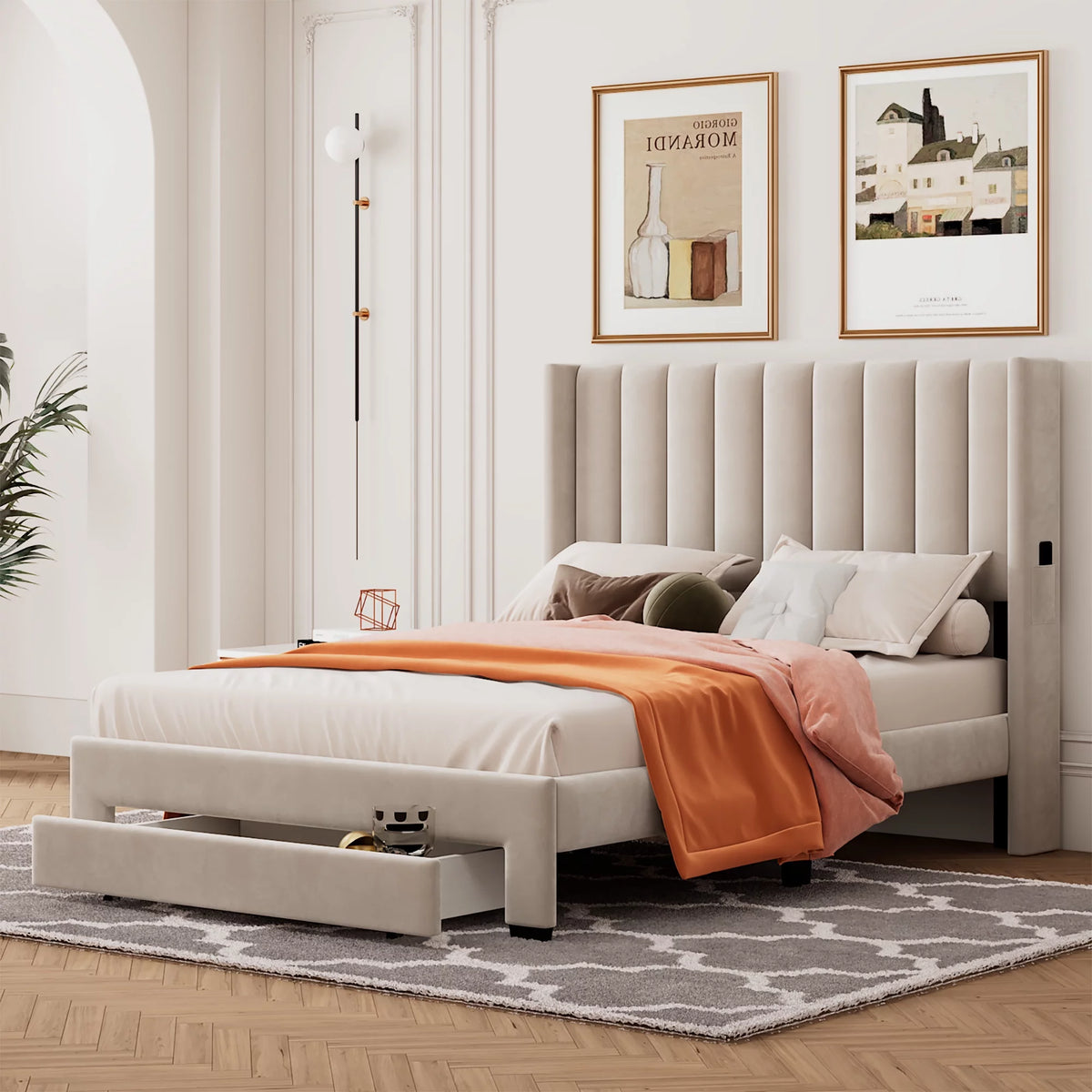 Beige Full Size Wood Platform Bed with Drawer K10017