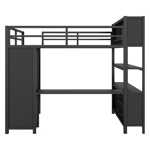Full Size White Metal Loft Bed with L Shaped Desk and Wardrobe X681494