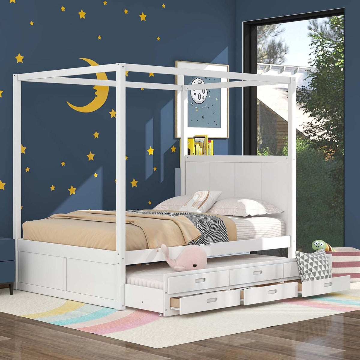 White Queen Size Wood Canopy Platform Bed with Twin Size Trundle Bed and 3 Storage Drawers L64784