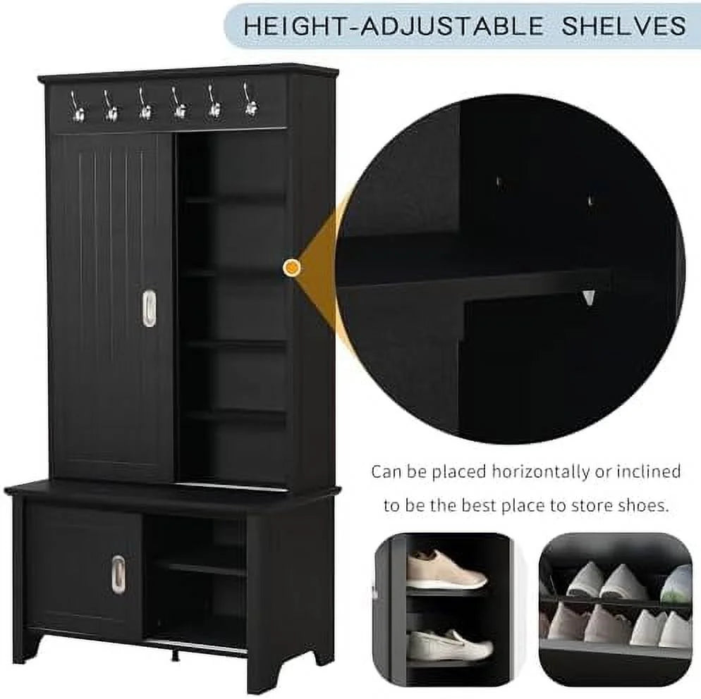 Black Hall Tree with Shoe Drawers and Bench V987955