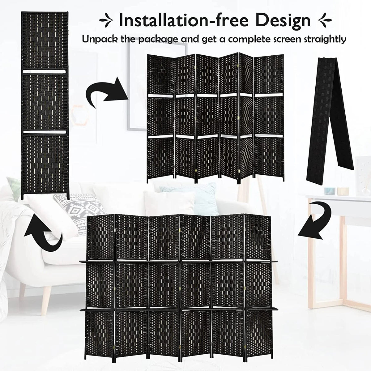 6Ft 6 Panel Hand-Woven Rattan Room Divider with Shelves M109