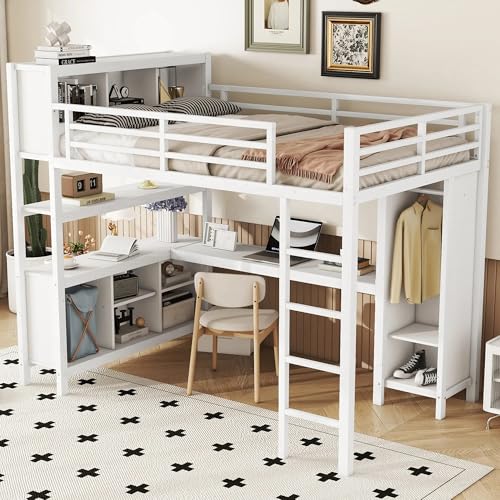 Full Size White Metal Loft Bed with L Shaped Desk and Wardrobe X681494