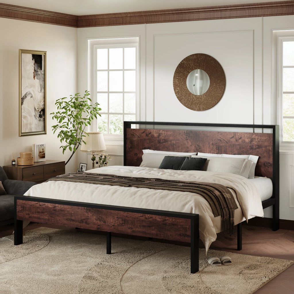 Walnut King Size Platform Bed Frame with Wood Headboard A7215