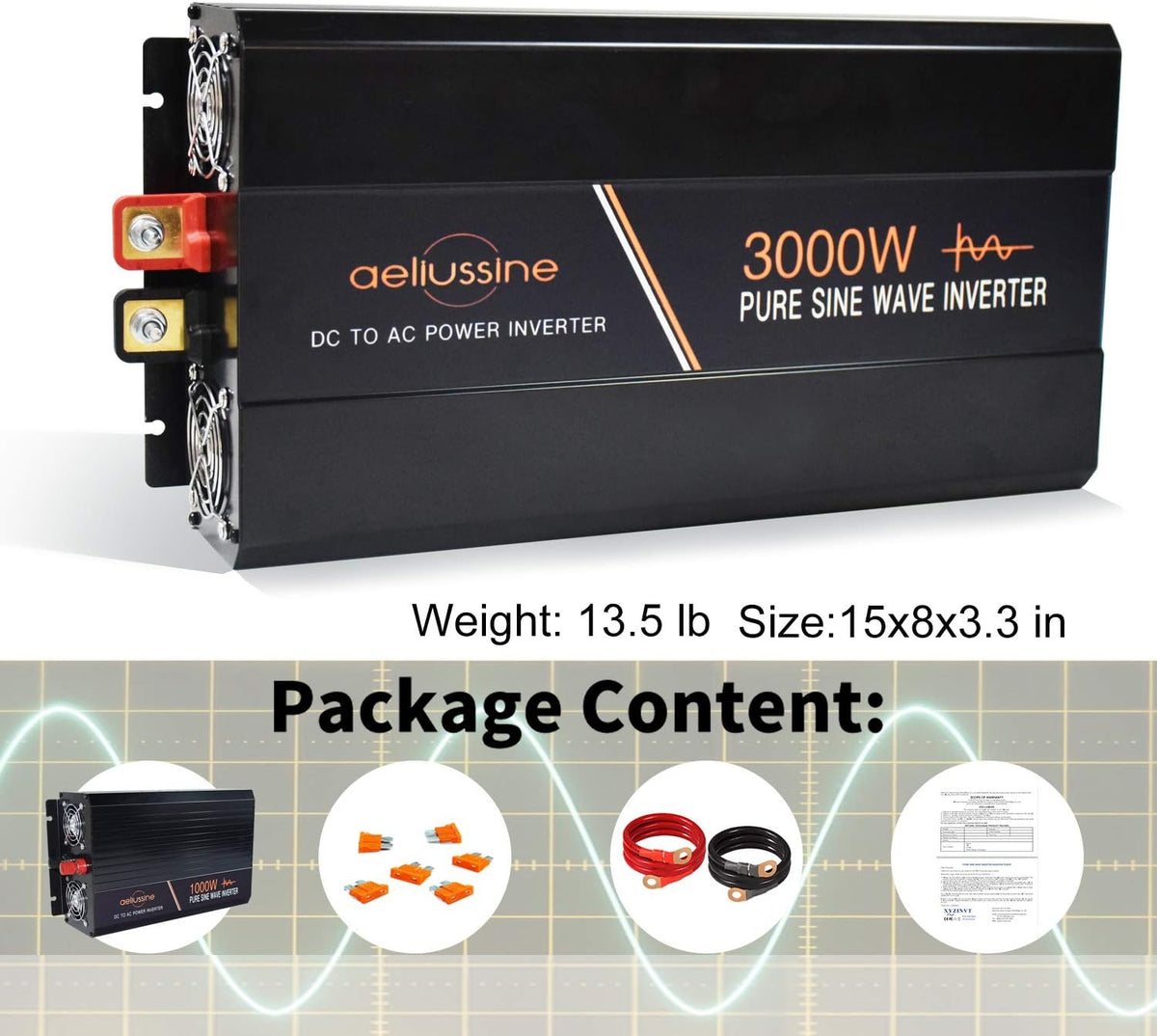 3000 Watt Pure Sine Wave Power Inverter 24 Volt DC to AC 110V 120V with LCD Display Remote Switch B593