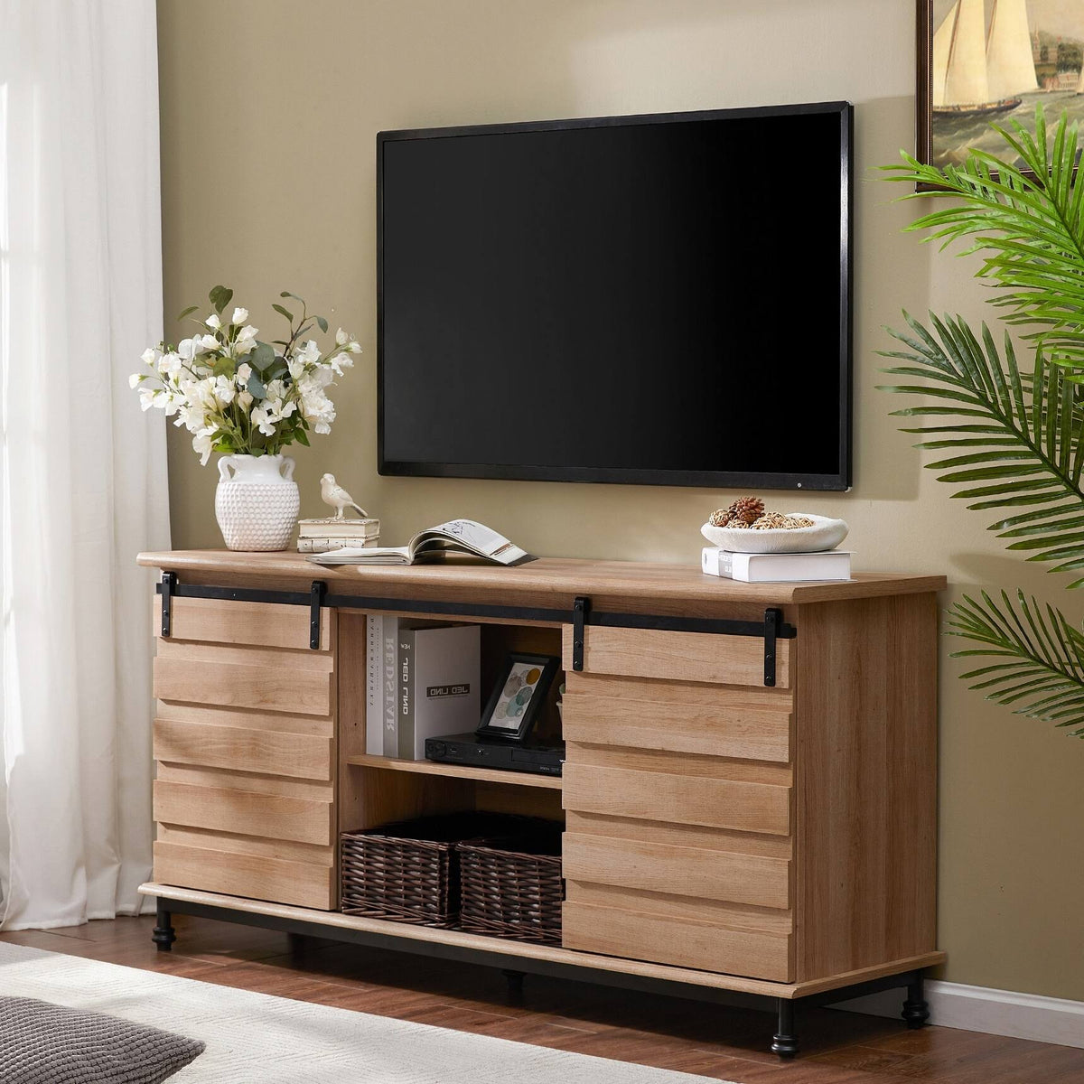 Oak Sliding Barn Door TV Stand Storage Cabinet O715