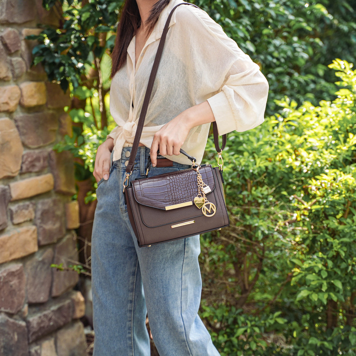 Croco Embossed Vegan Leather Shoulder Bag B74073