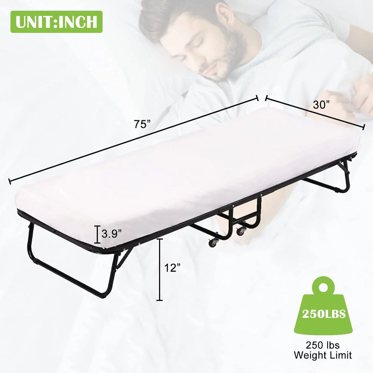 Folding Guest Bed with 4 inch Mattress Twin Size V1000