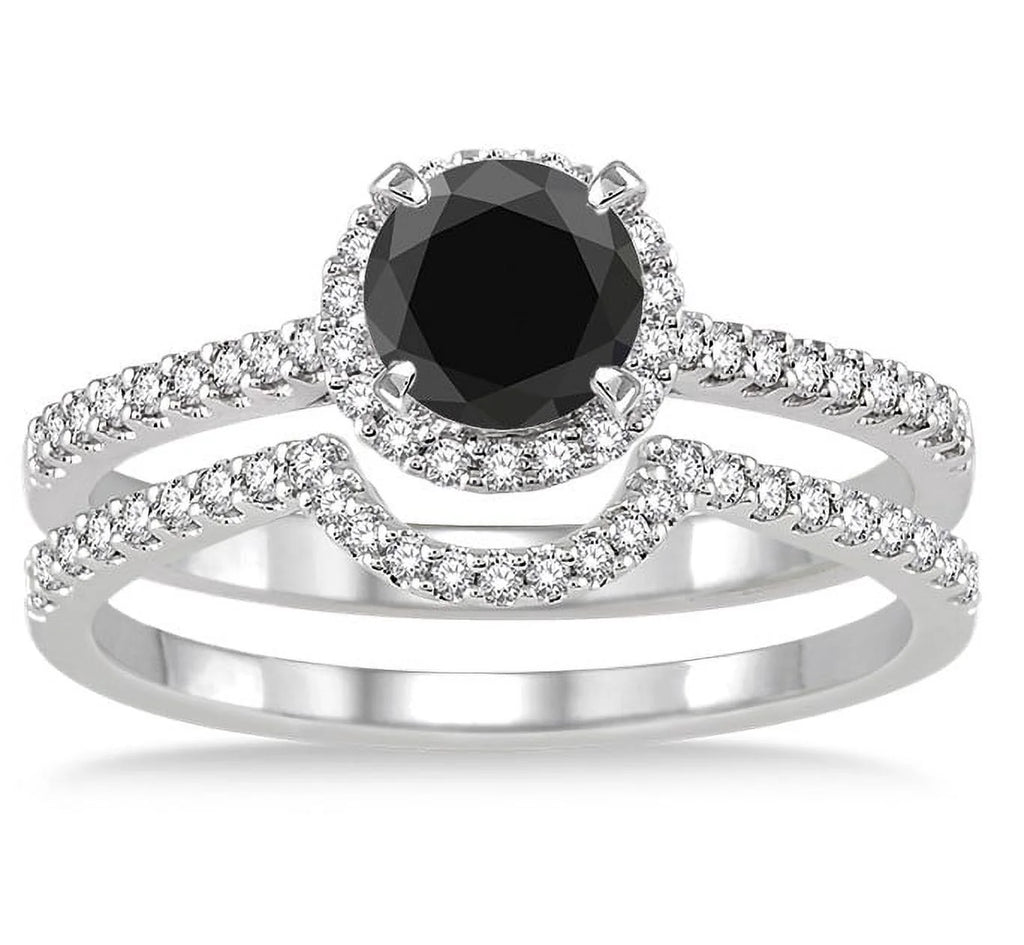 Black Diamond Halo Bridal Set Engagement Ring on 10k White Gold R3381