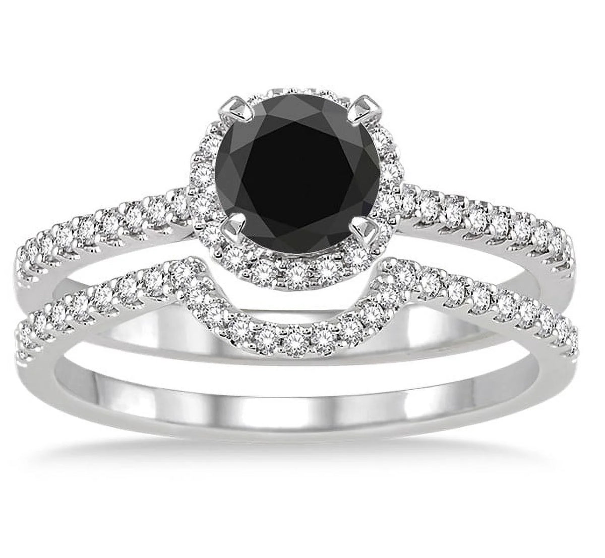 Black Diamond Halo Bridal Set Engagement Ring on 10k White Gold R3381