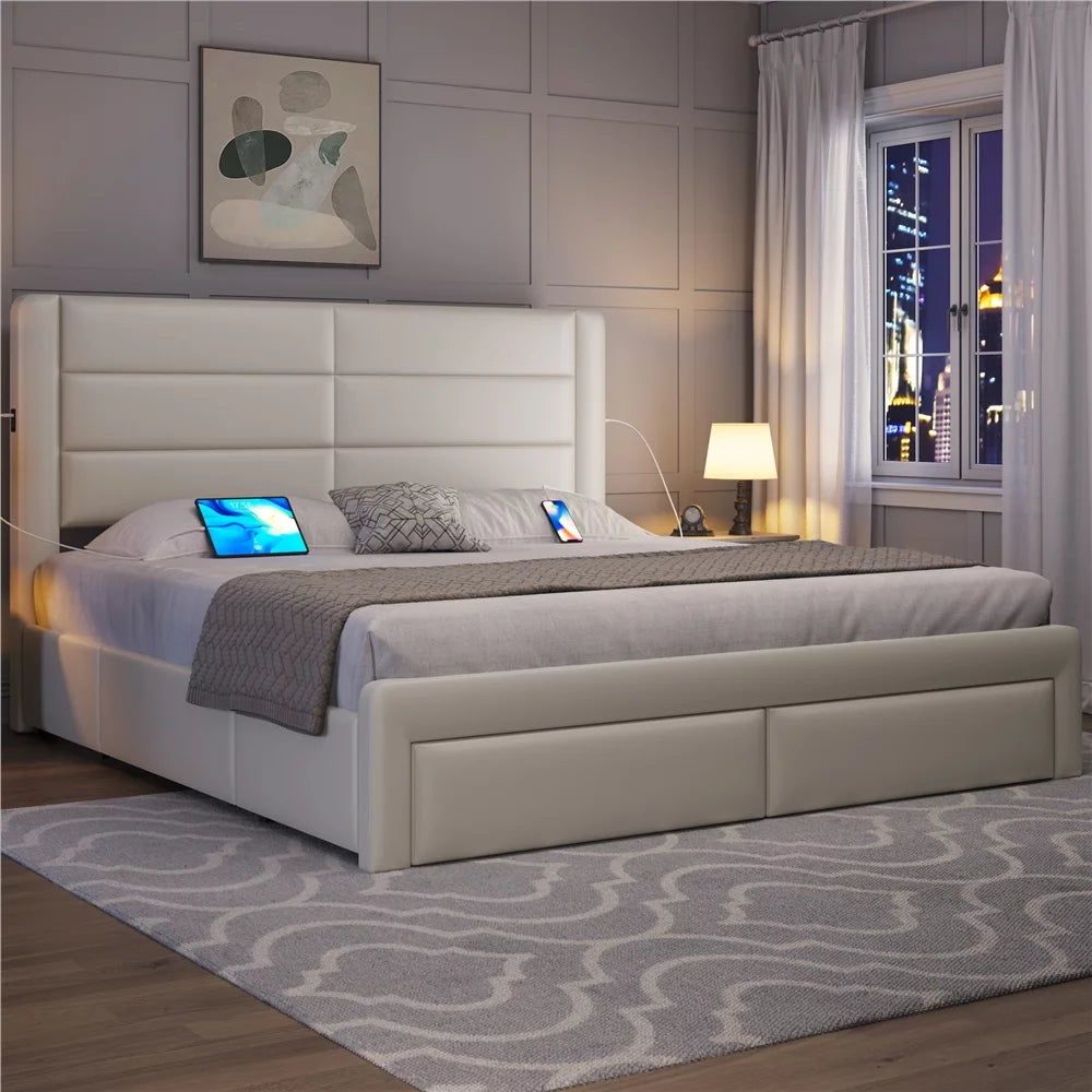 Beige Upholstered Platform Bed with 3 Storage Drawers and USB Ports N595