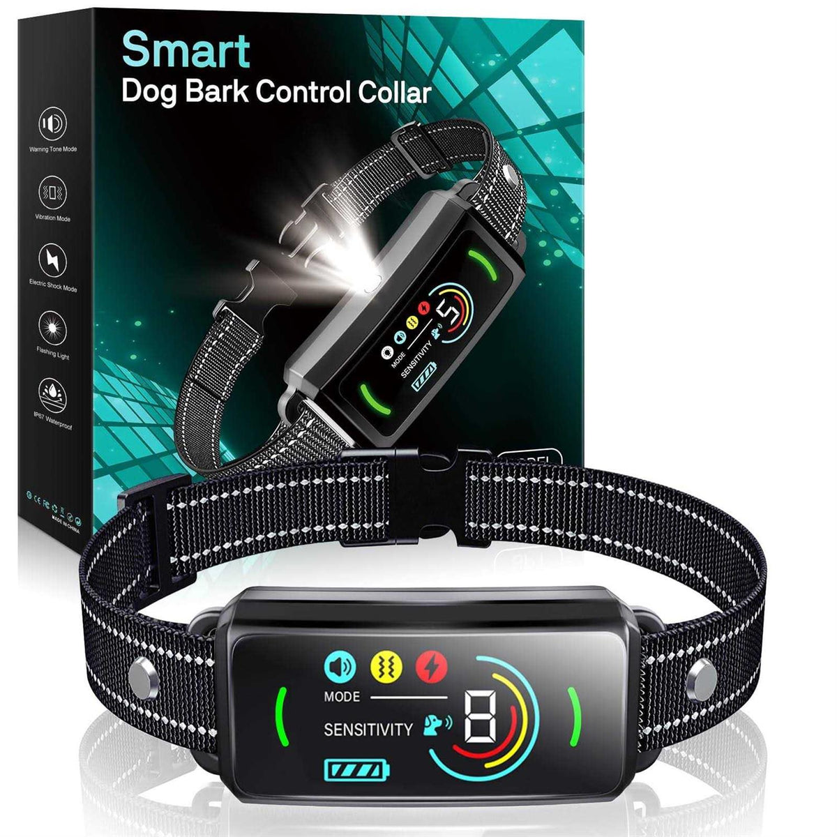 Rechargeable Anti-Bark Collar with Flashing Light, Beep, Vibration A409568