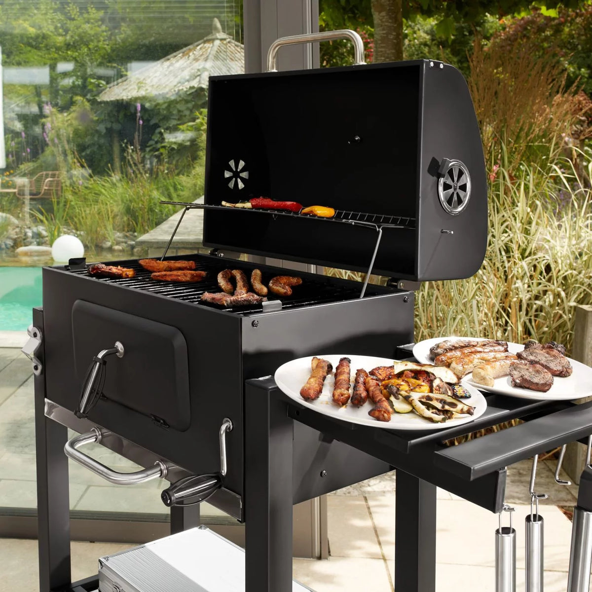 24-inch Charcoal BBQ Grill with 2 Folding Side Shelves X41286