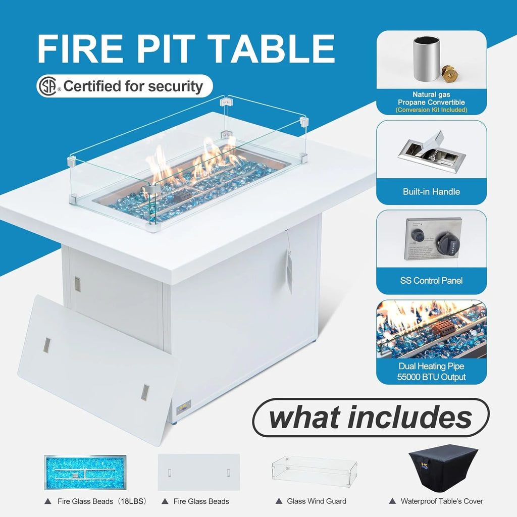 Aluminum Patio Conversation Set with 43" Propane Fire Pit Table White S3646