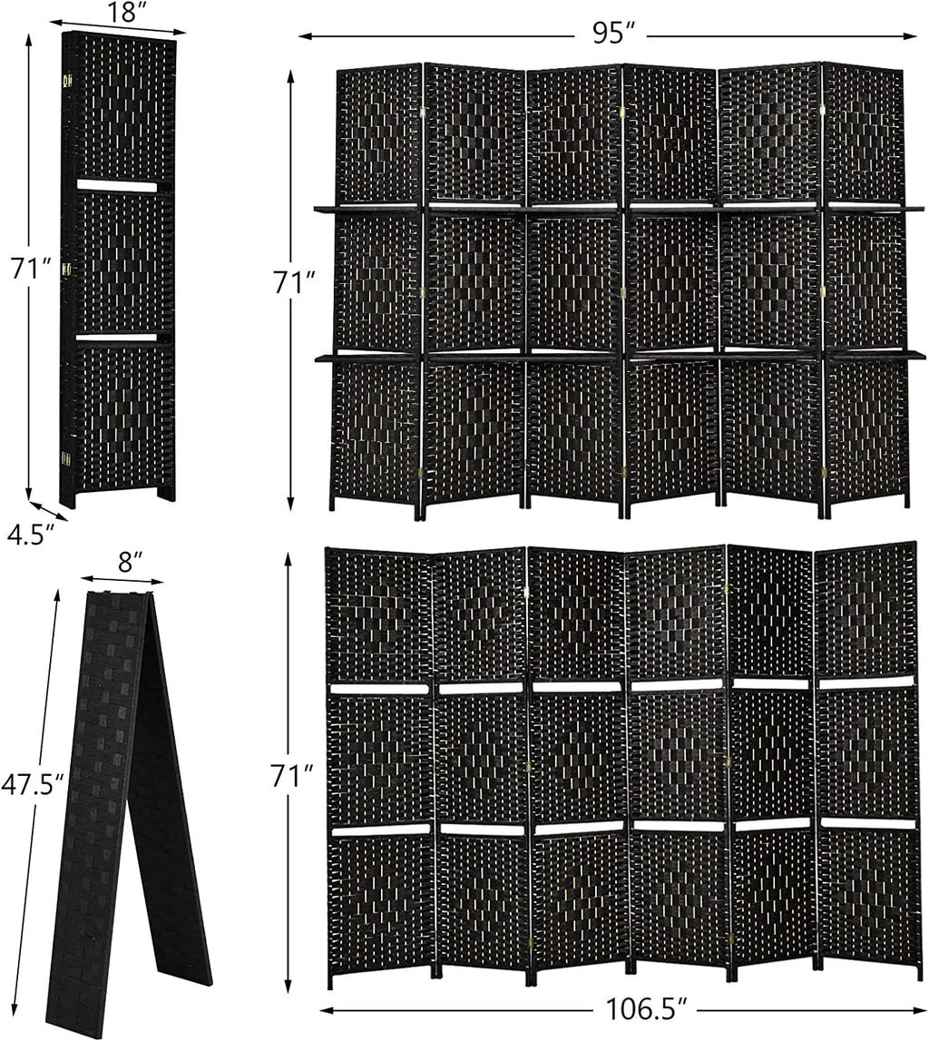 6Ft 6 Panel Hand-Woven Rattan Room Divider with Shelves M109