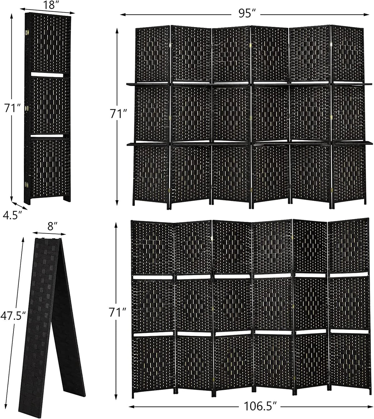 6Ft 6 Panel Hand-Woven Rattan Room Divider with Shelves M109