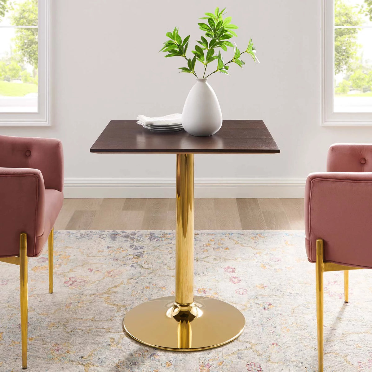 28 inch Square Gold Walnut Wood Metal Dining Table F112