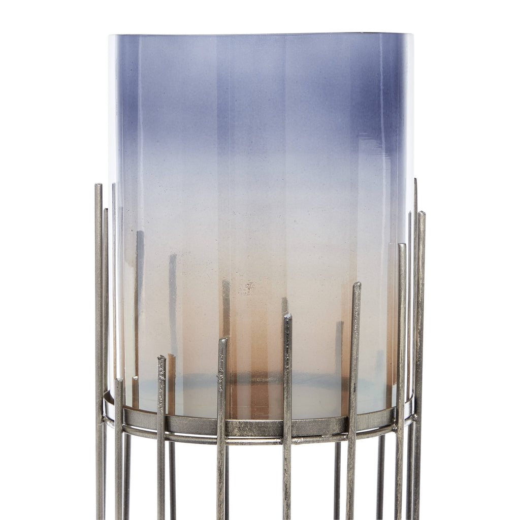Multi Colored Glass Hurricane Candle Holder on Metal Stand V86499