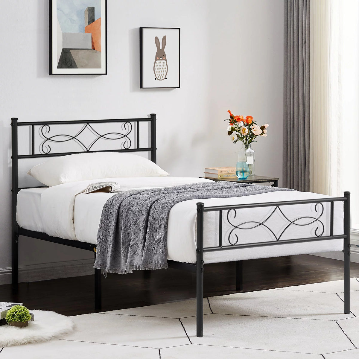 Twin Size Black Metal Platform Bed Frame with Headboard X44191