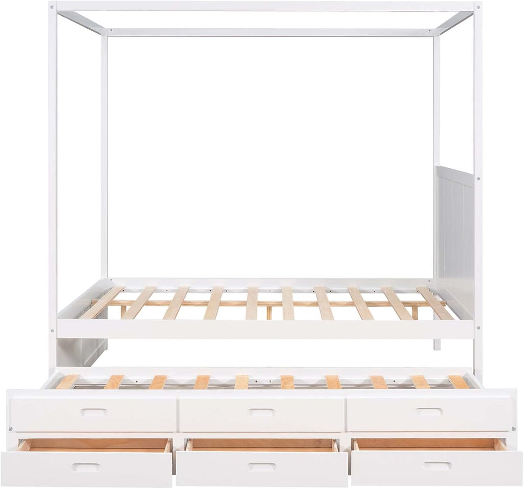 White Queen Size Wood Canopy Platform Bed with Twin Size Trundle Bed and 3 Storage Drawers L64784