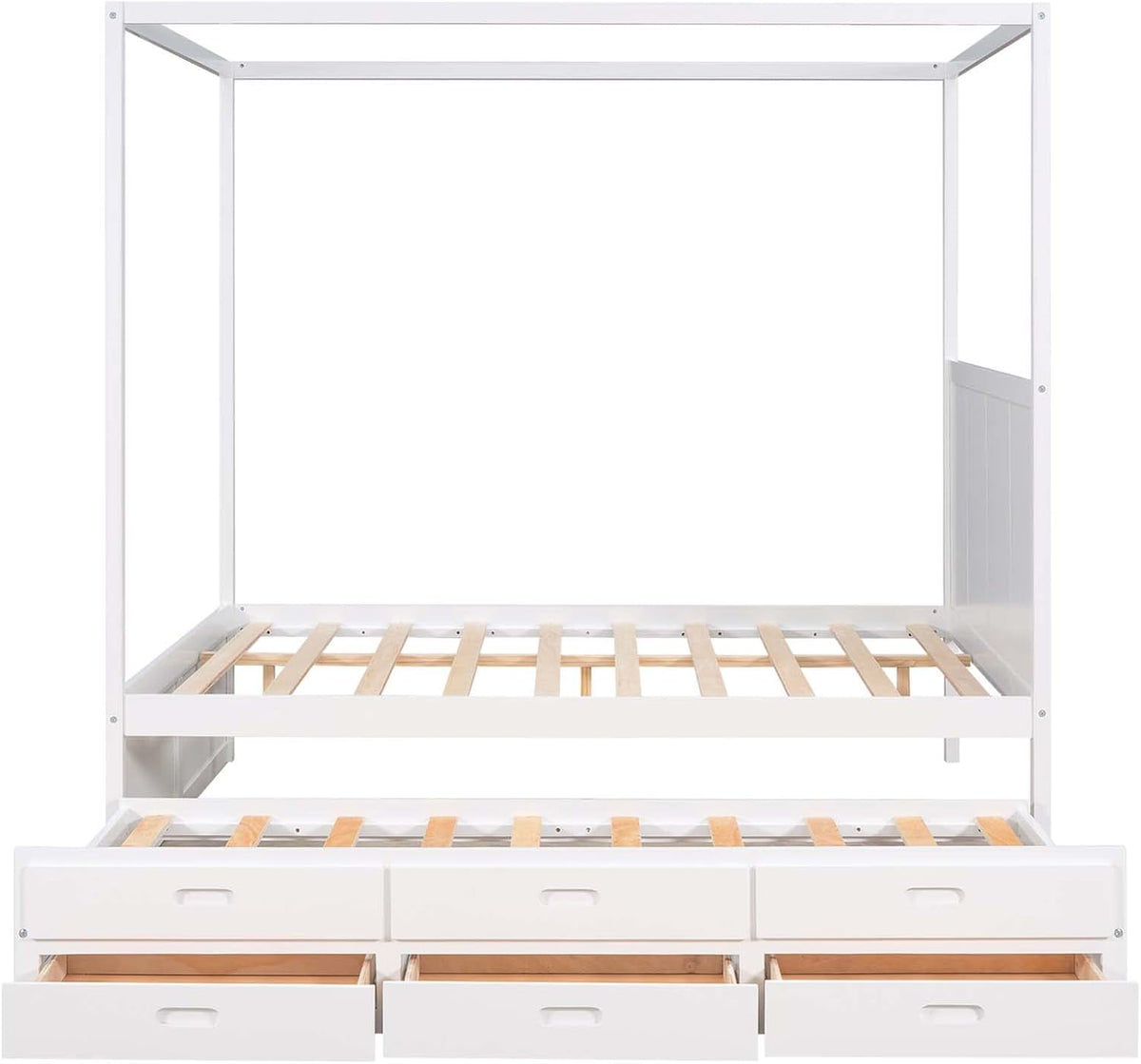 White Queen Size Wood Canopy Platform Bed with Twin Size Trundle Bed and 3 Storage Drawers L64784