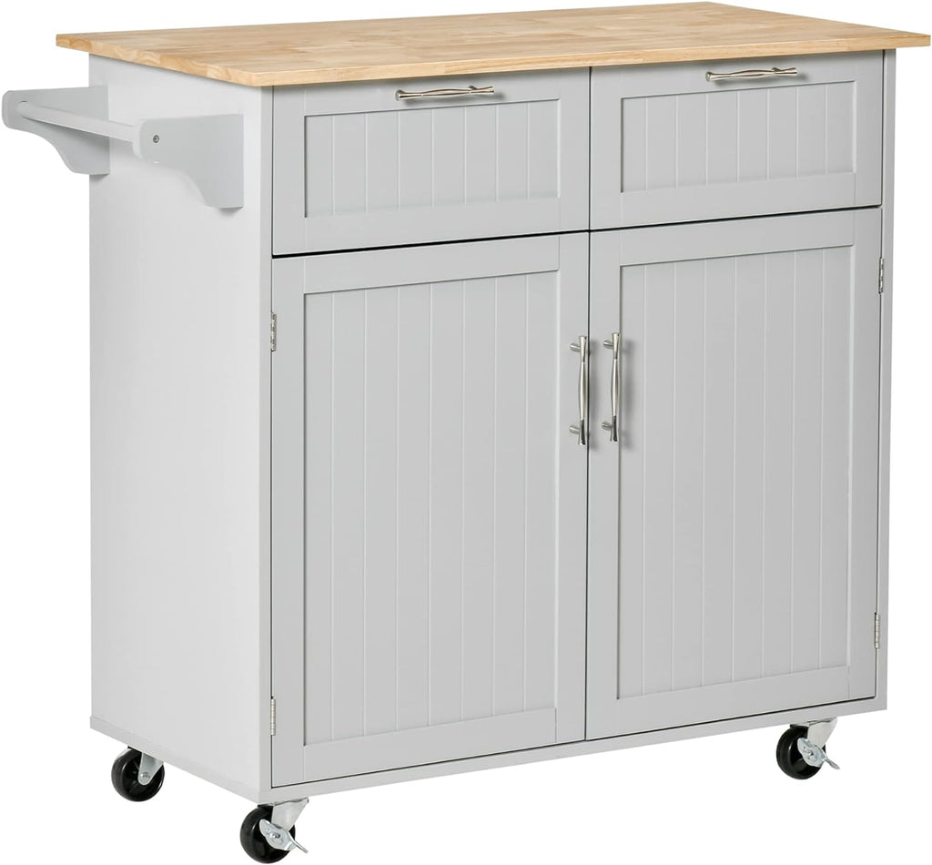 Black Rolling Kitchen Island with Rubberwood Top and Drawers S53570